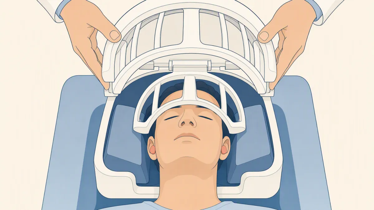 A technologist lowers an open head coil into place over a patient lying ready for a brain scan.