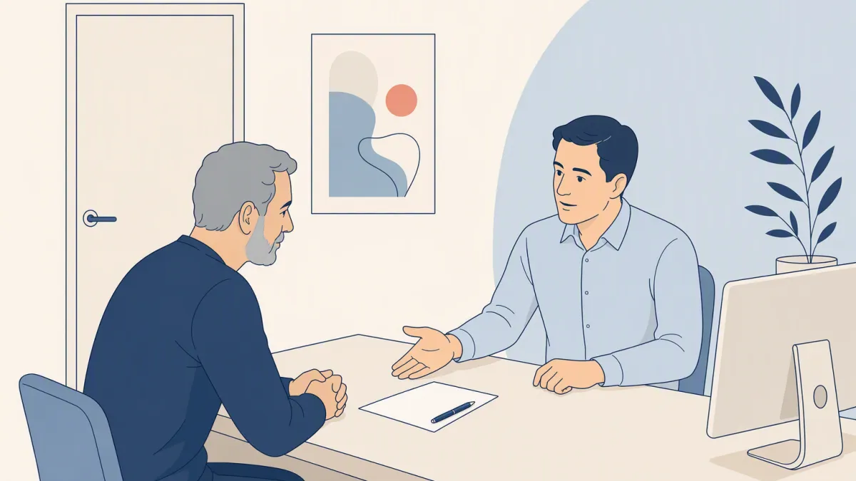 A doctor talks through options with a middle-aged man across a consultation desk.