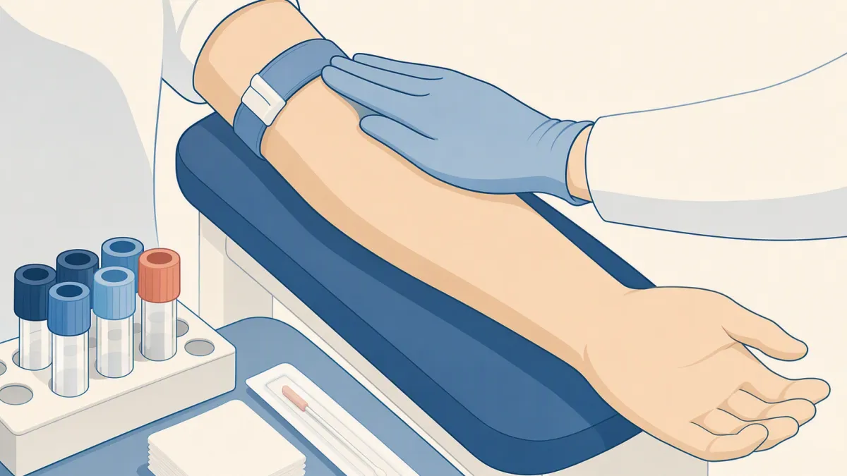 A gloved hand steadies a patient's arm, tourniquet in place, with color-capped collection tubes waiting nearby.