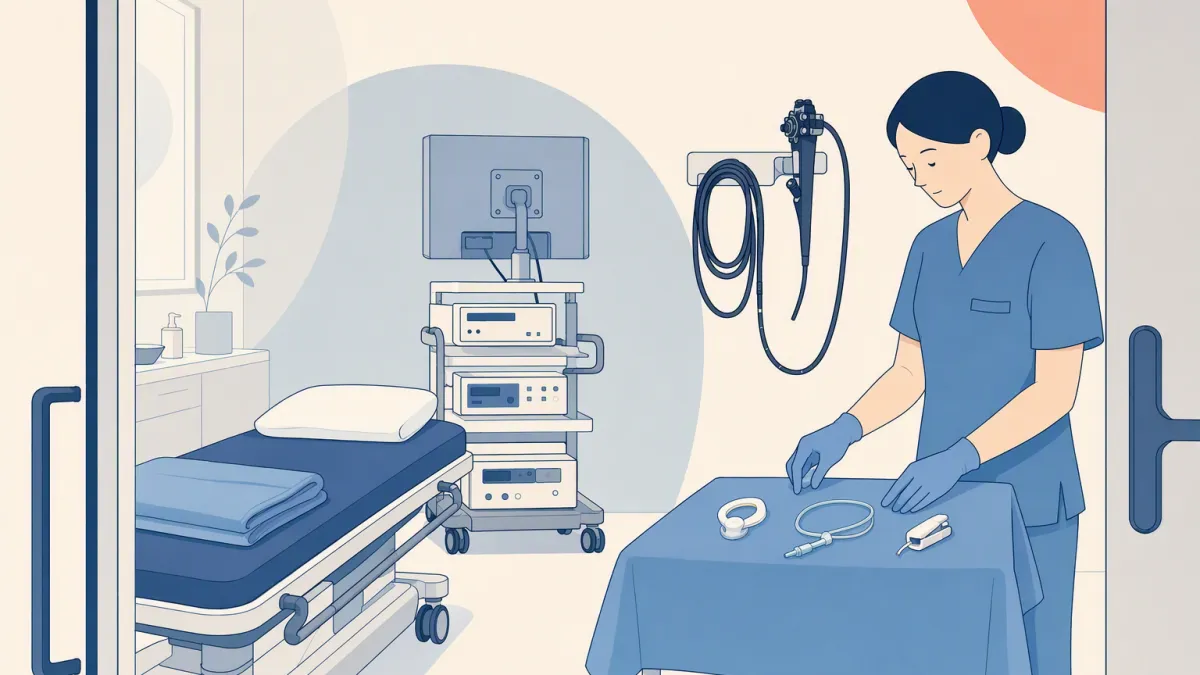 A nurse lays out instruments in an endoscopy room, the flexible scope hanging ready on the wall.