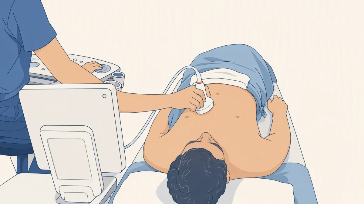 A sonographer presses an ultrasound probe to the upper abdomen of a patient lying on the exam table.