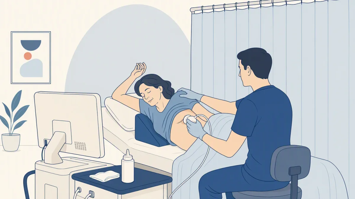 A patient reclines with one arm raised overhead while the right upper abdomen is scanned with an ultrasound probe.