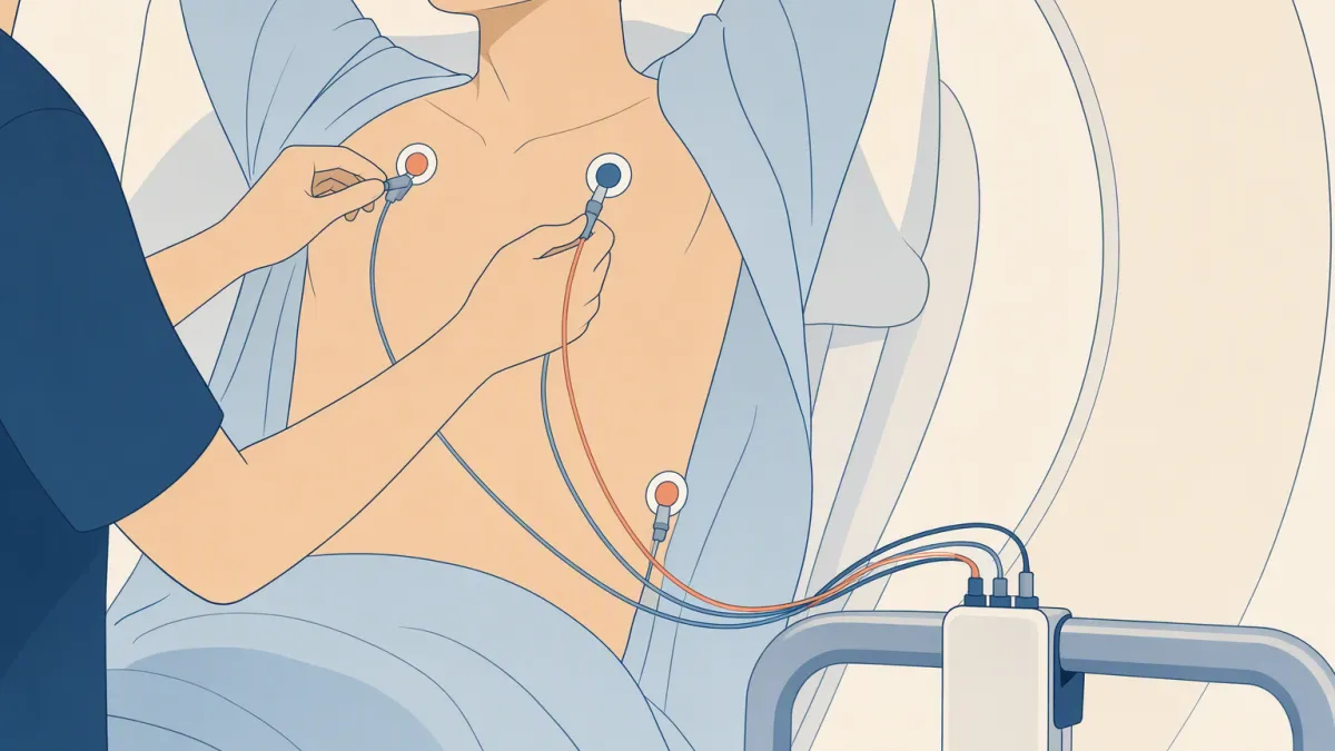 A technician attaches ECG electrodes to a patient's chest before a cardiac scan.