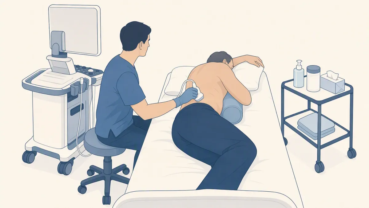 A patient lies on their side while a sonographer scans the flank over the kidney.