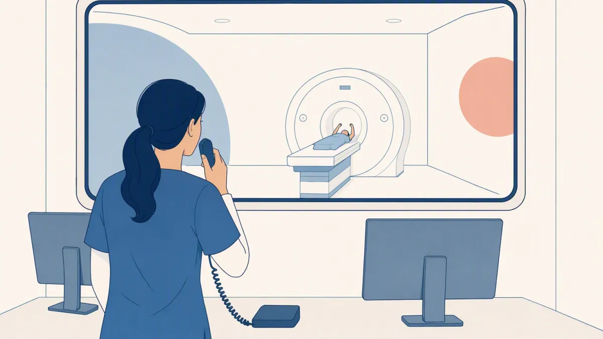 Through the control-room window, a technologist on the intercom watches a patient enter the CT scanner.