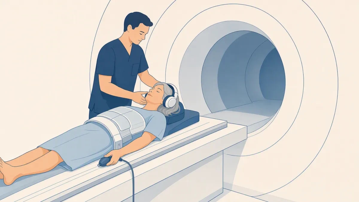 A technologist settles headphones on a patient lying on the MRI table before a scan.