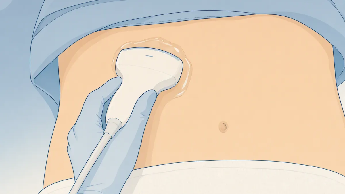 A gloved hand glides an ultrasound probe through gel on a bare abdomen.