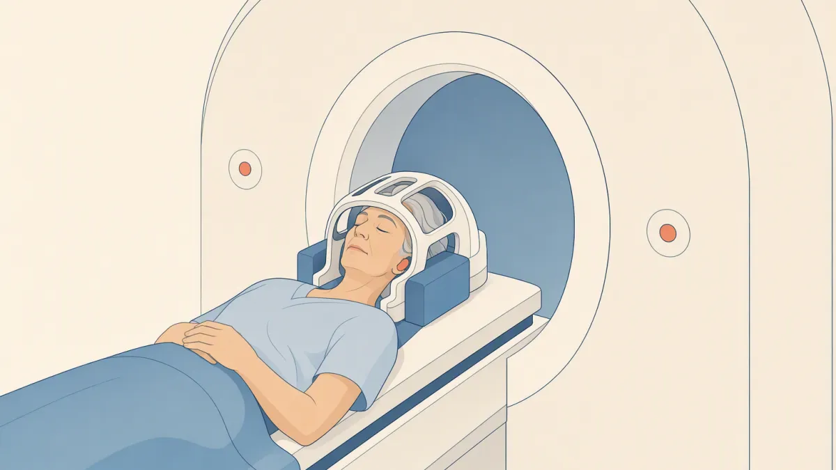 A patient lies with their head in the open coil at the mouth of the MRI bore.