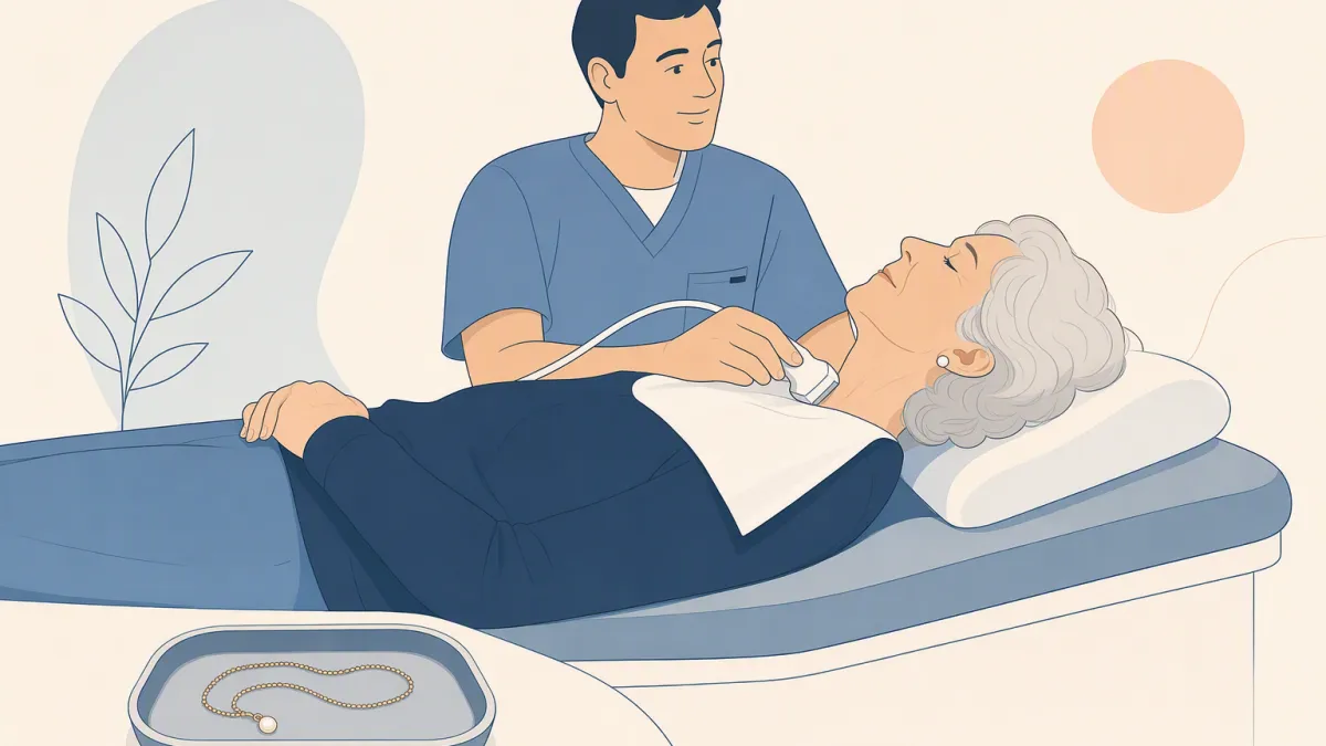 A sonographer holds an ultrasound probe to the side of an older woman's neck, her necklace set aside in a tray.