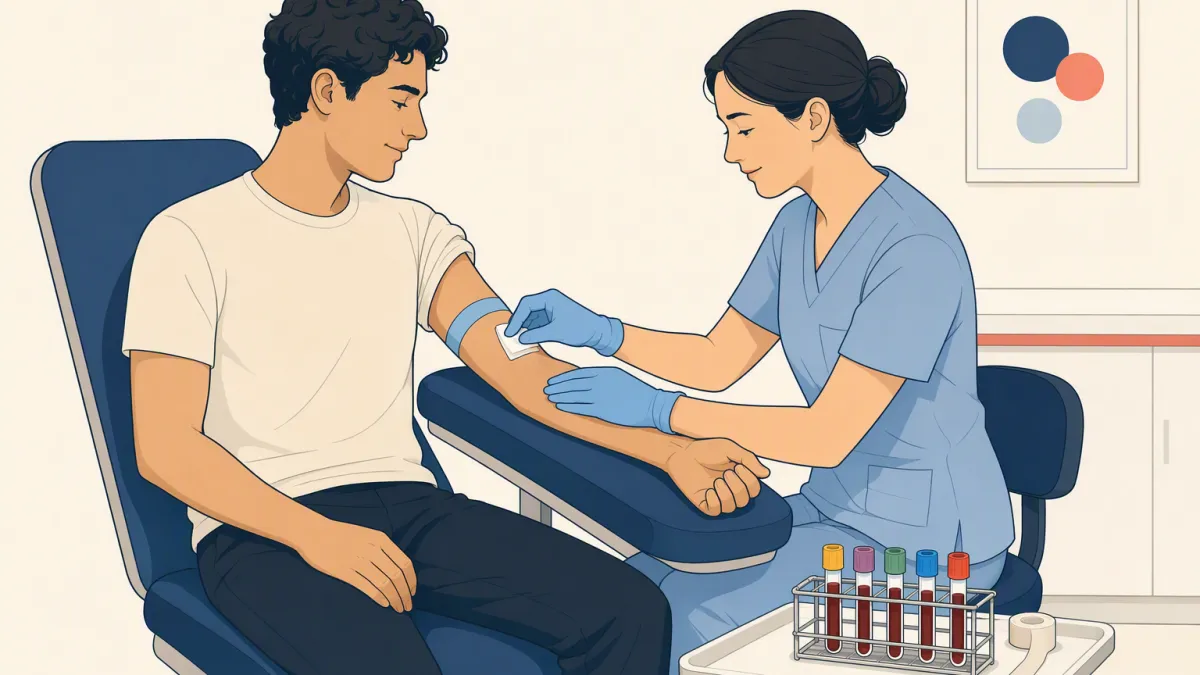 A phlebotomist presses a dressing to a seated patient's inner elbow, a rack of filled color-capped tubes beside them.