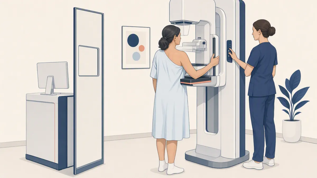 A technologist positions a woman at the mammography unit, one hand on the machine's controls.