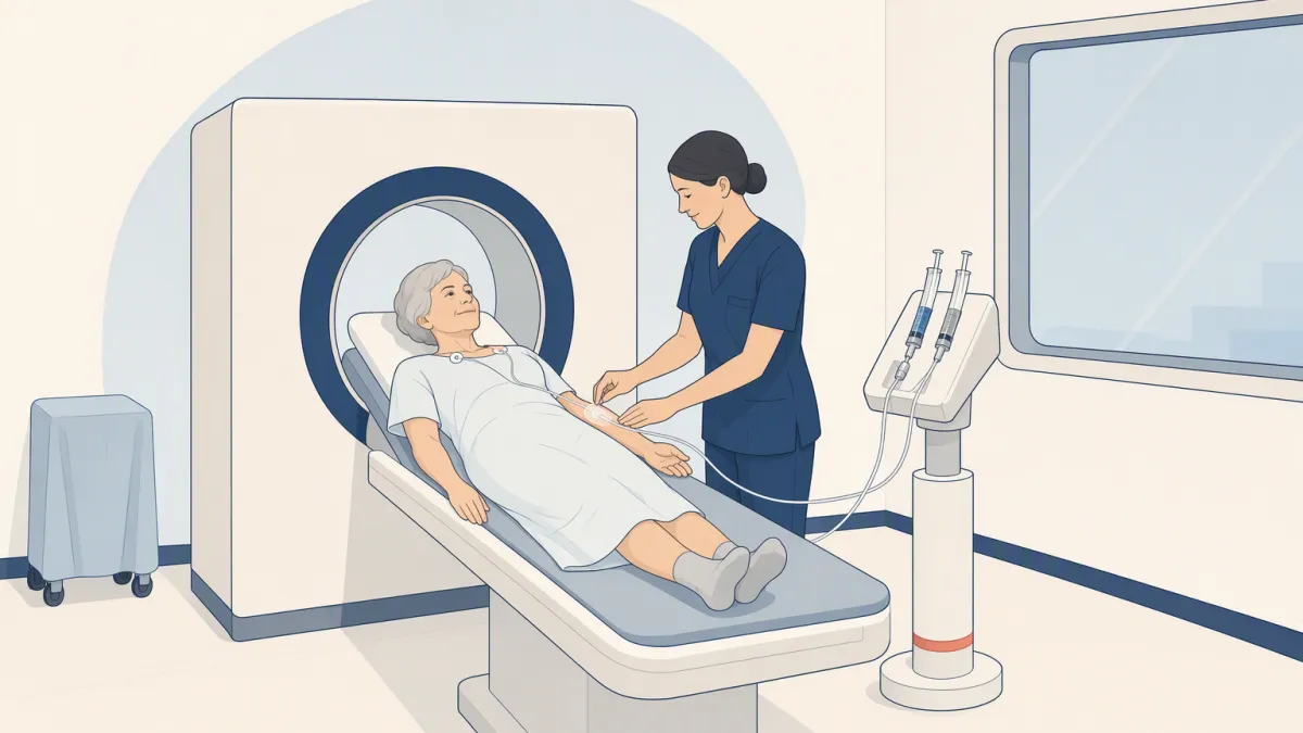 A nurse prepares the contrast injector beside a patient lying ready on the CT table.