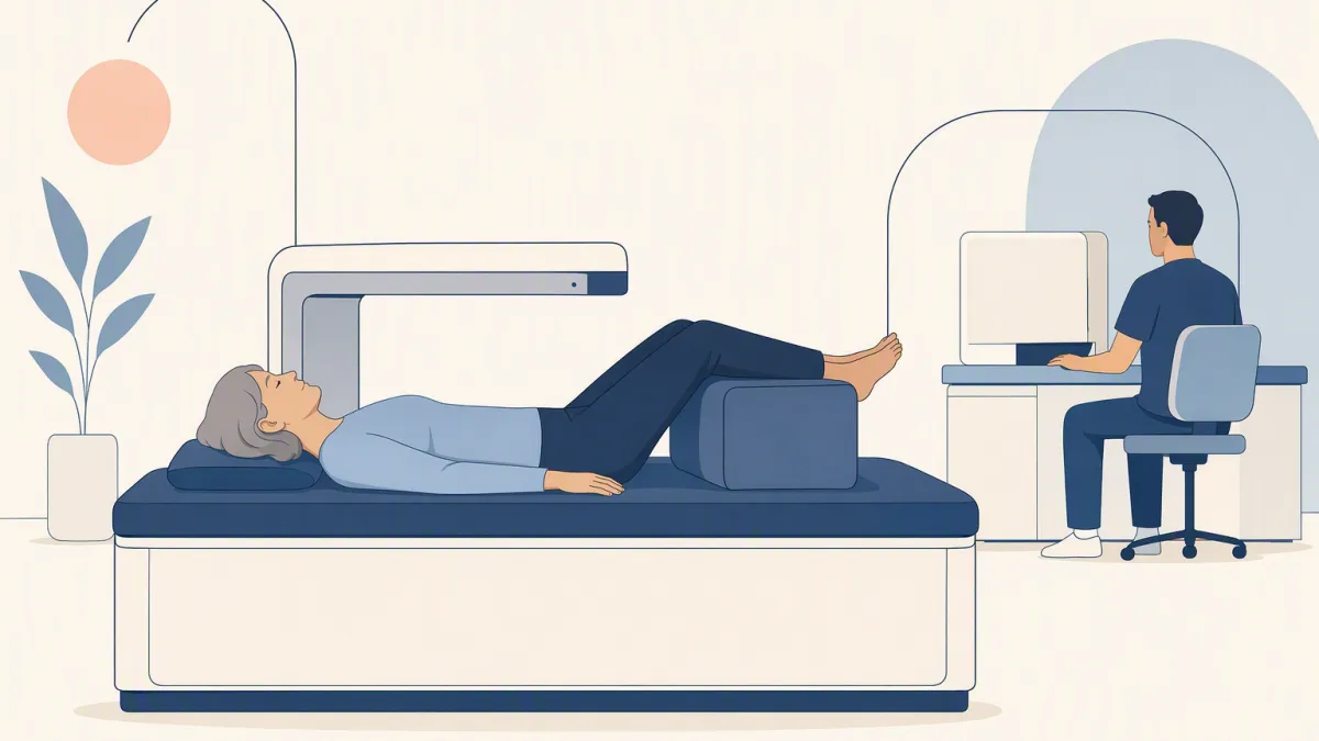 A patient lies under the slim scanning arm of a DEXA machine, calves resting on a positioning block.