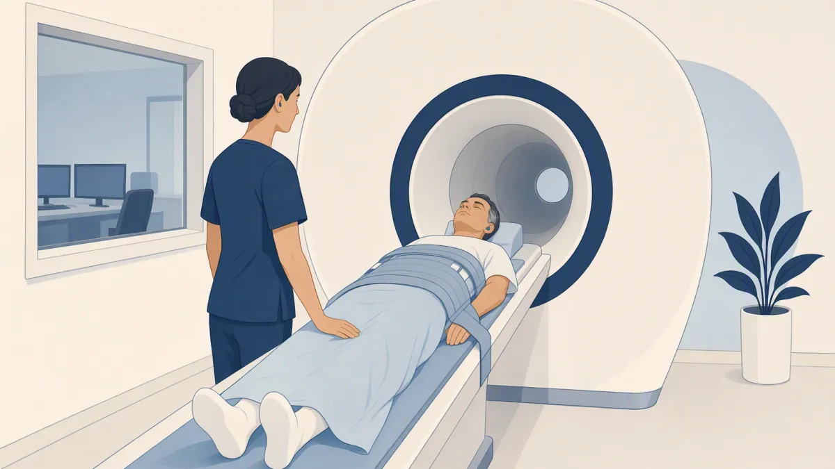 A technologist stands beside a patient secured on the table as it advances into the MRI bore.