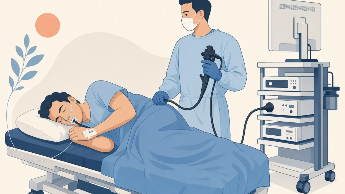 A sedated patient rests on their side while the endoscopist stands ready with the flexible scope.