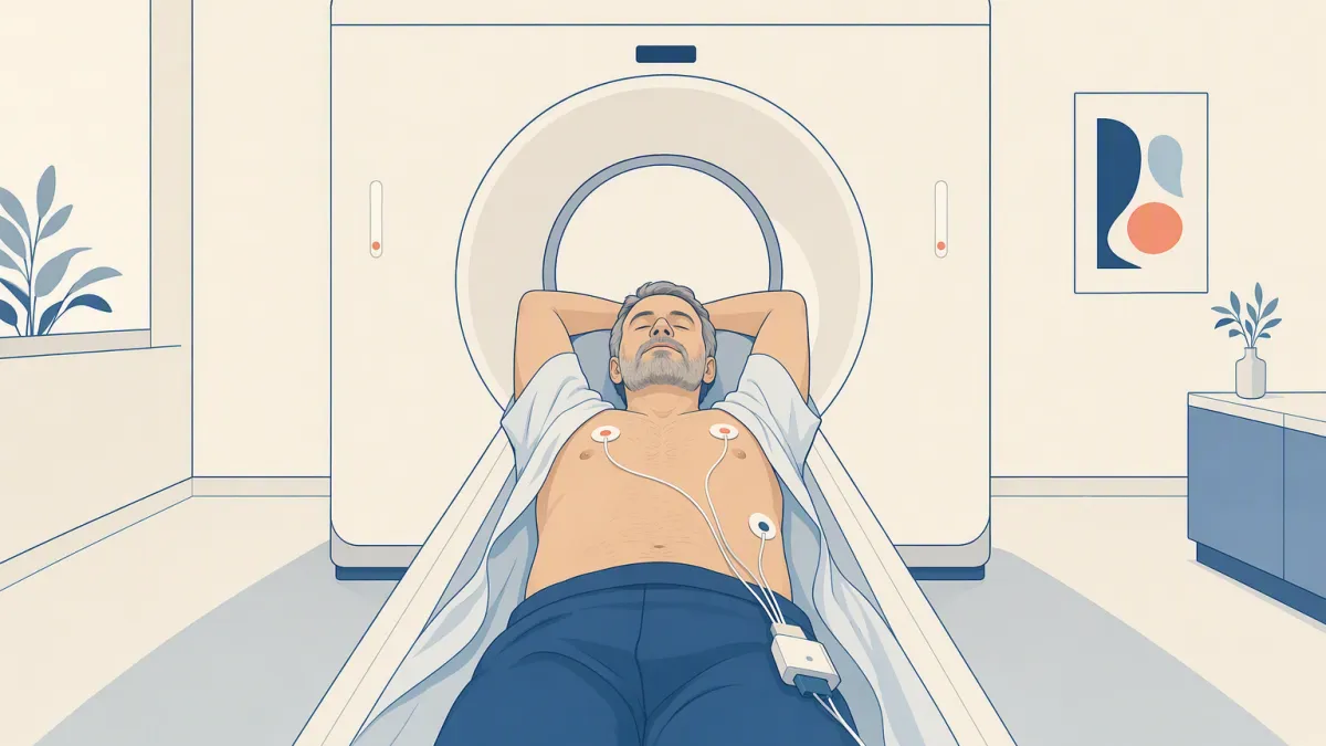 A patient on the CT table with ECG electrodes on the chest, ready for a calcium scan.