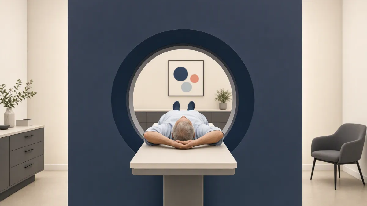 A patient lies flat on the table, arms folded beneath the head, framed by the wide ring of the CT scanner.