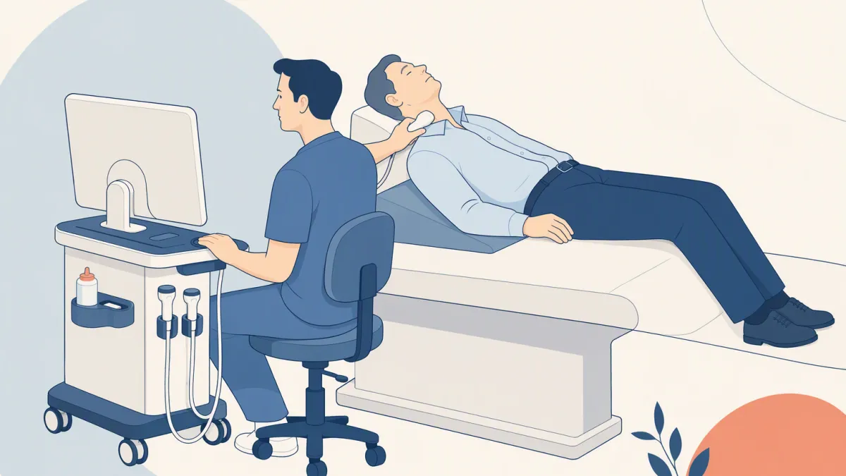 A patient reclines with the chin tipped back while a sonographer scans the front of the throat.