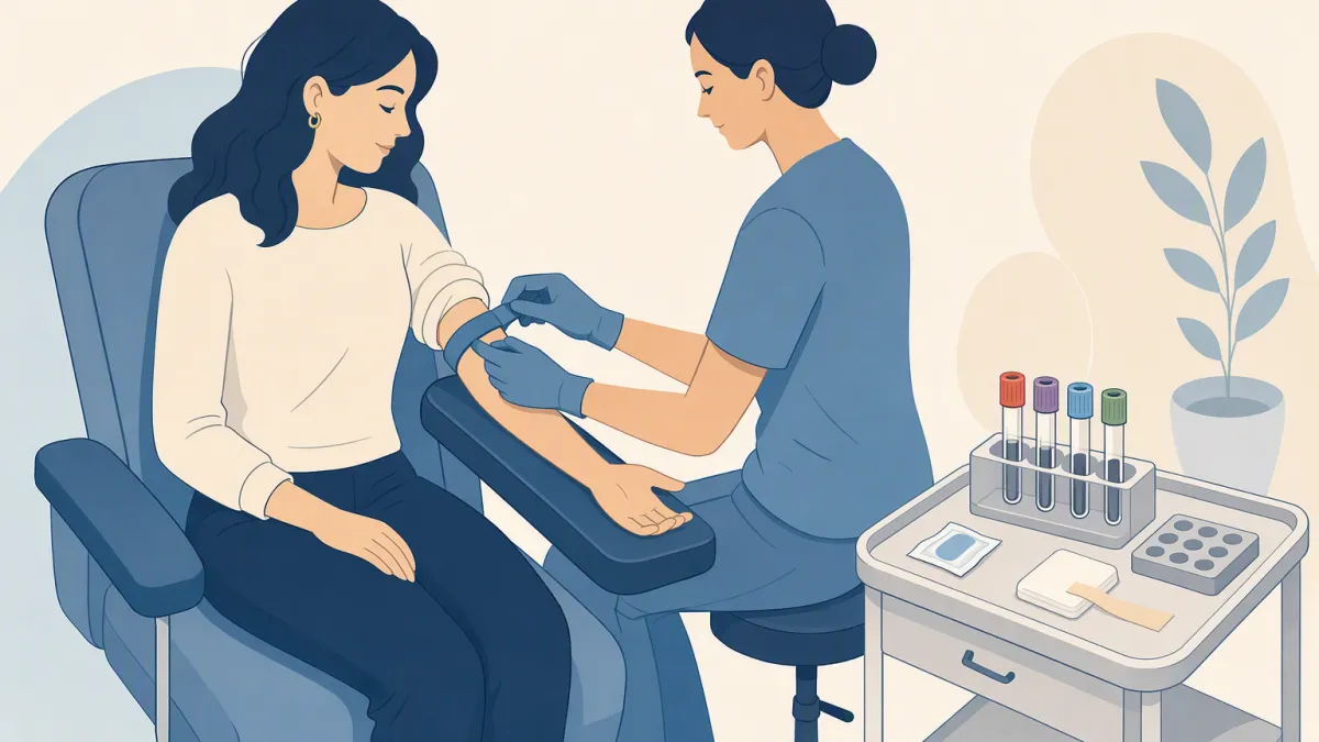 A phlebotomist fastens a tourniquet around a seated patient's upper arm, tubes racked on the cart beside them.