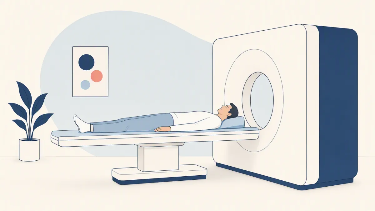 A person lying on a scanning table beside a short, open ring scanner.