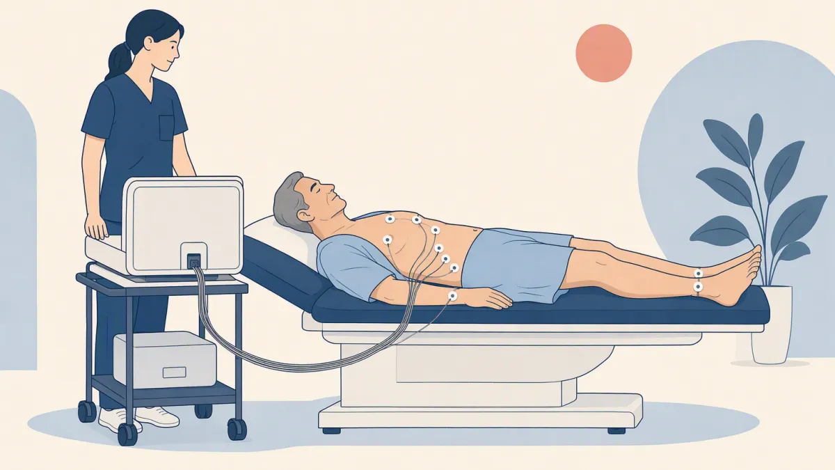 A patient lies still with electrodes placed across the chest and limbs, wired to the ECG machine.
