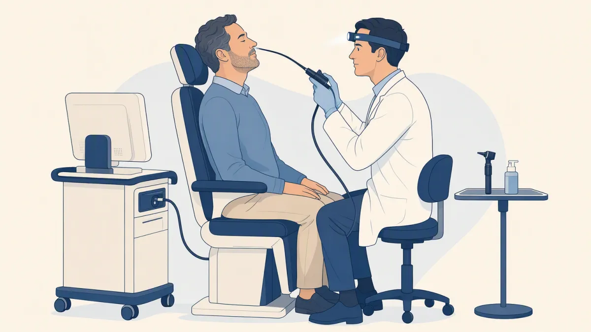 An ENT specialist wearing a headlamp guides a thin scope toward a seated patient's nose.