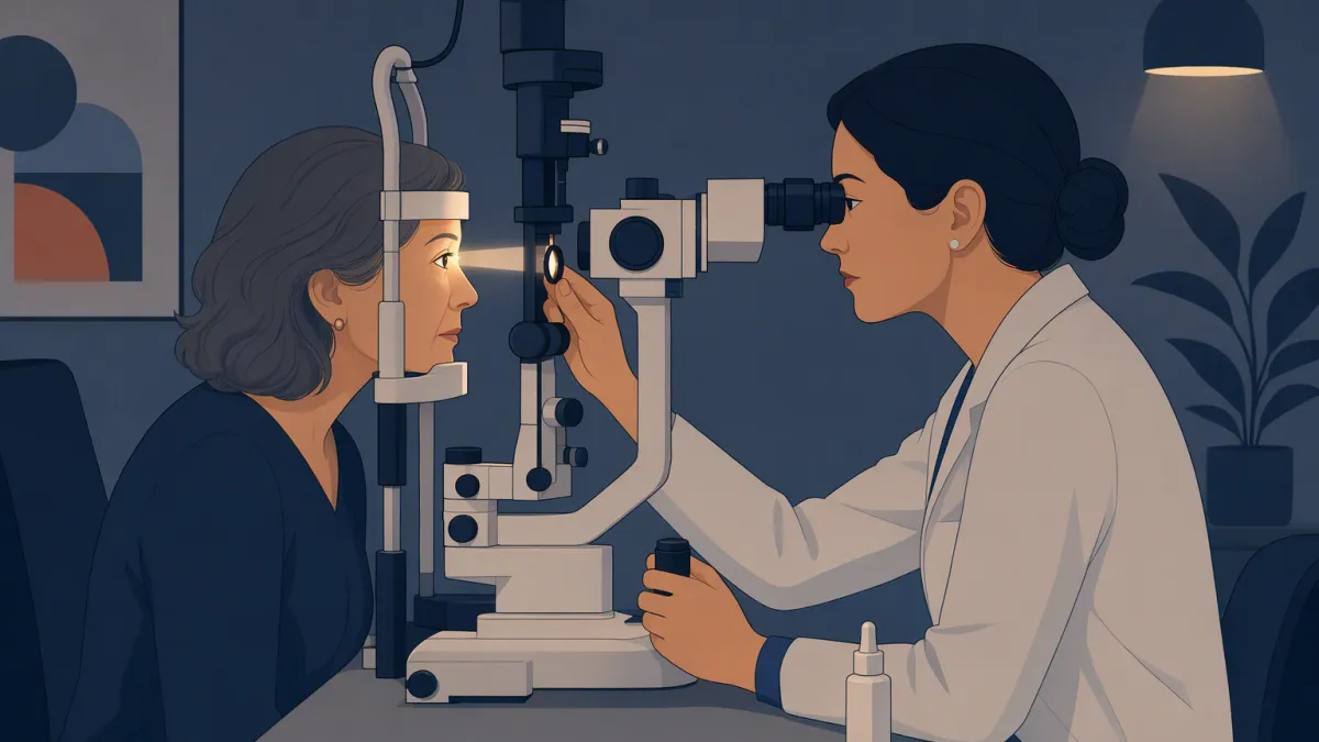 A clinician examines a patient's eye at the slit lamp in a dimly lit room.