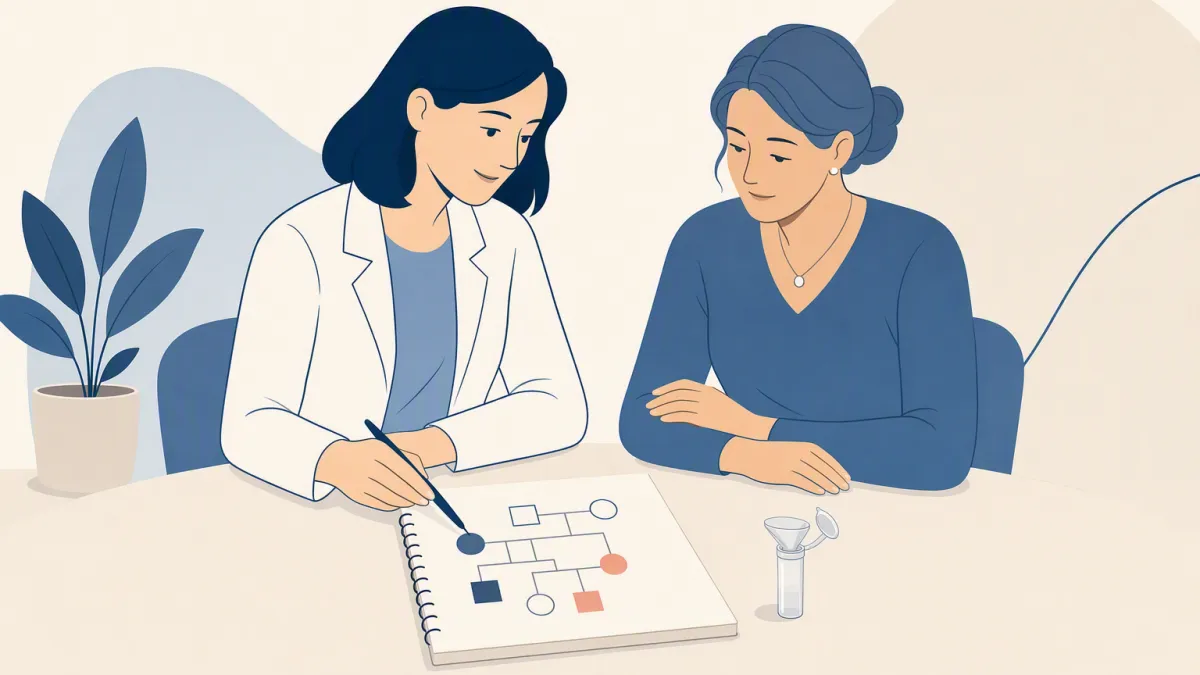 A genetic counselor sketches a family-tree diagram with a patient, a saliva collection kit on the table between them.