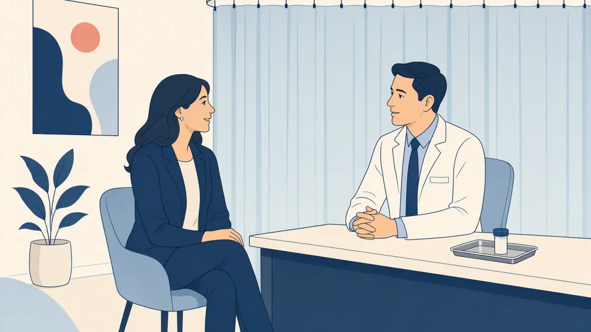 A woman talks with a doctor at a consultation desk beside the examination curtain.