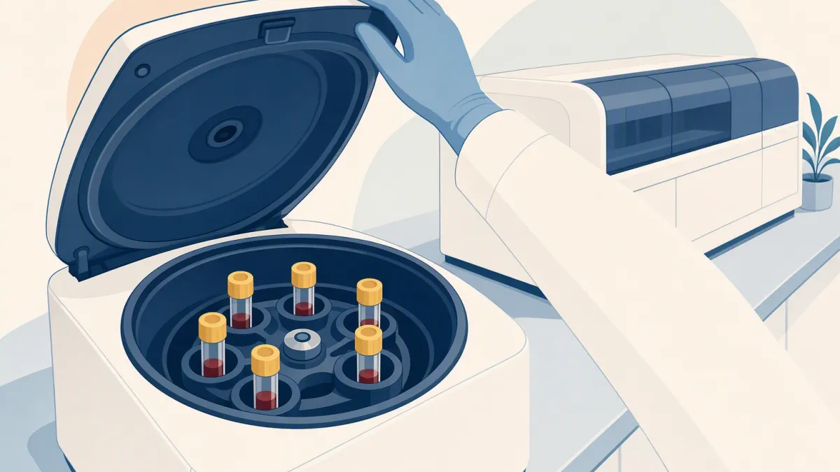 A gloved hand lifts the lid of a centrifuge loaded with capped blood samples, an analyzer waiting behind it.