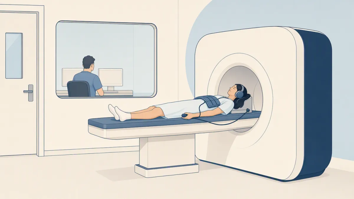 A patient wearing headphones lies on the MRI table holding the call button, the technologist visible through the control-room window.