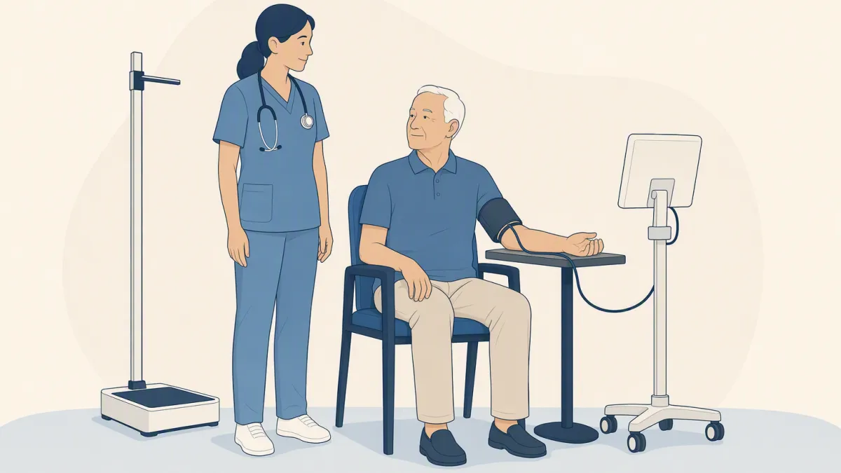 A nurse takes an older man's blood pressure while a height and weight station stands ready beside them.