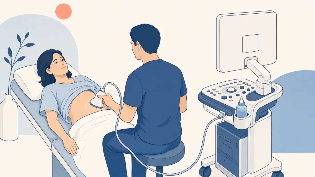 A sonographer angles the probe on a patient's abdomen beside the ultrasound cart.
