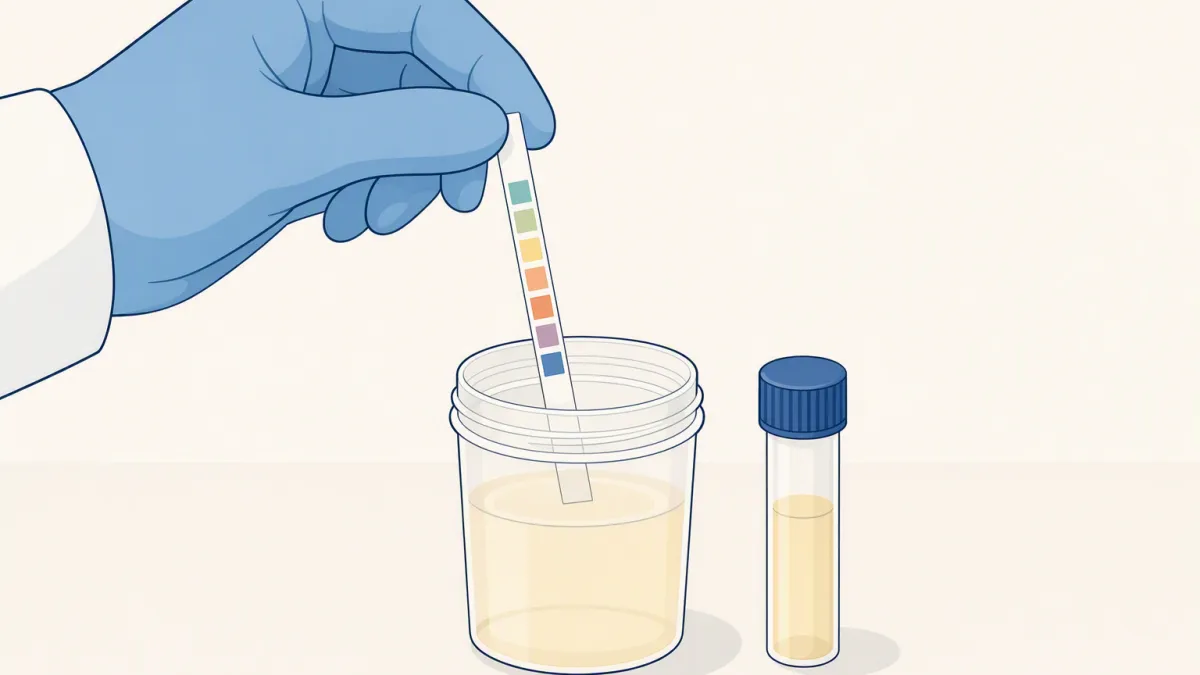 A gloved hand dips a color-padded test strip into a urine sample cup.