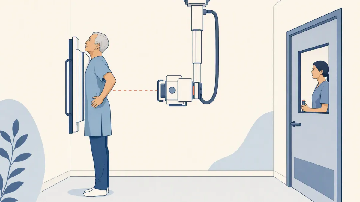 A patient stands chest against the upright detector plate while the technologist watches from behind the shielded door.
