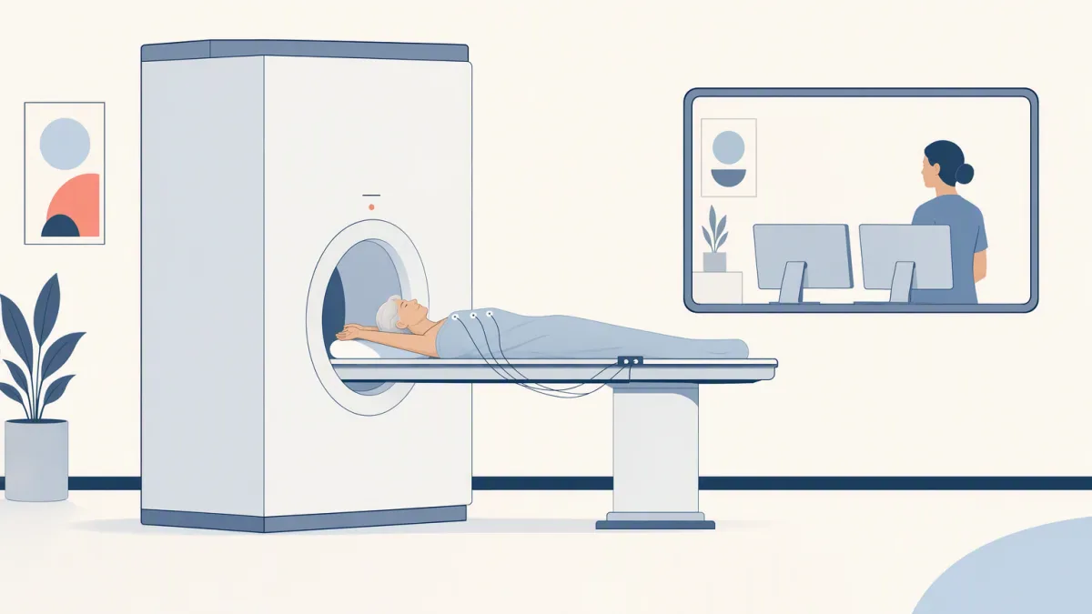 A patient with arms raised on a CT table drawn partway into the scanner, seen in profile so the depth of the housing is visible.