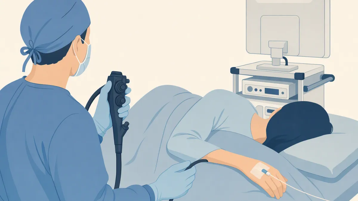 An endoscopist's hands working a flexible scope, seen over the shoulder, with a sedated patient lying on their left side beyond.