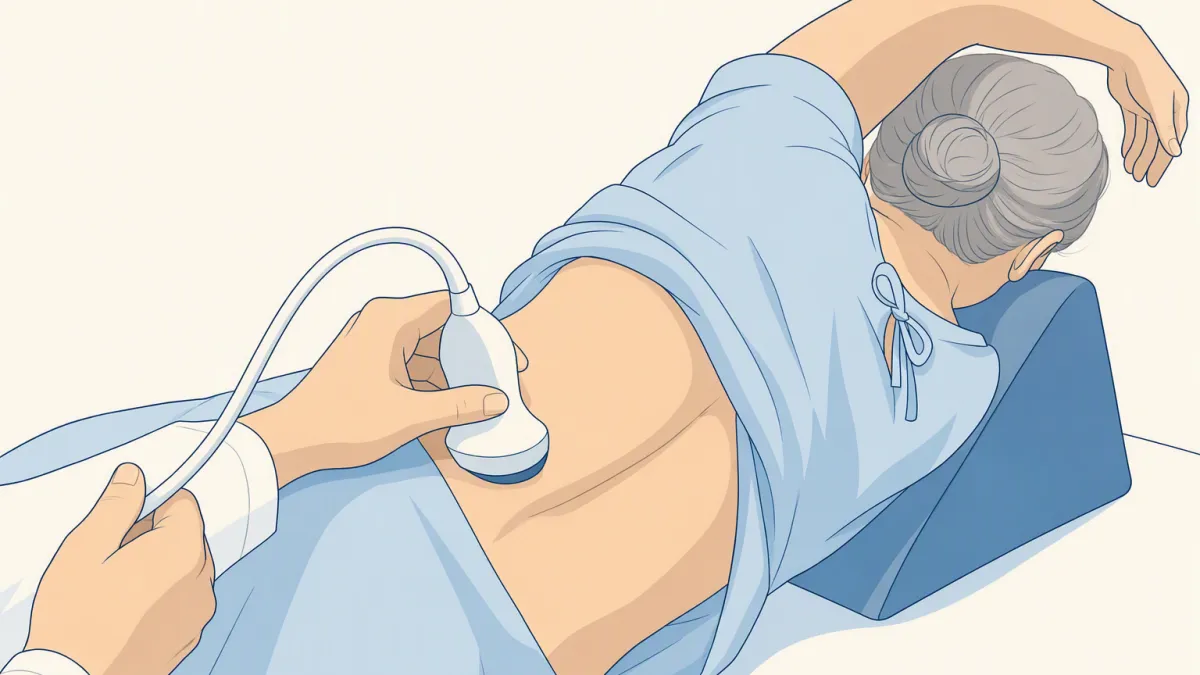 A sonographer pressing a curved-face probe into a patient's flank, seen close from behind the patient's back.