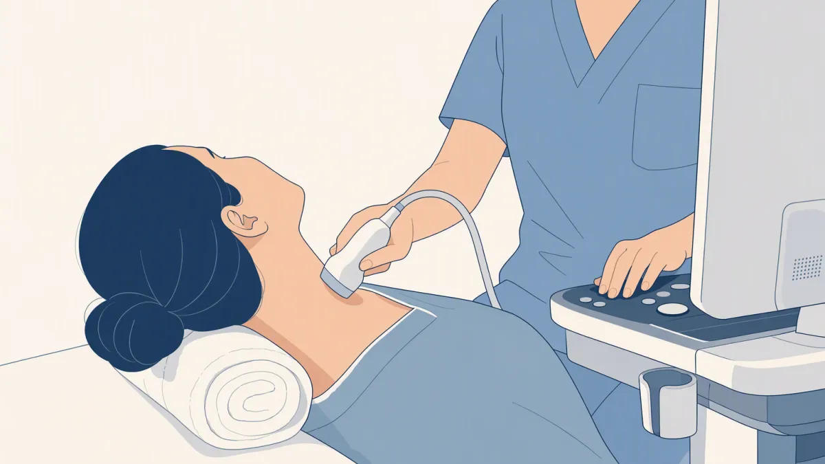 A flat-faced ultrasound probe held against a patient's extended neck, seen from above and behind the patient's head.