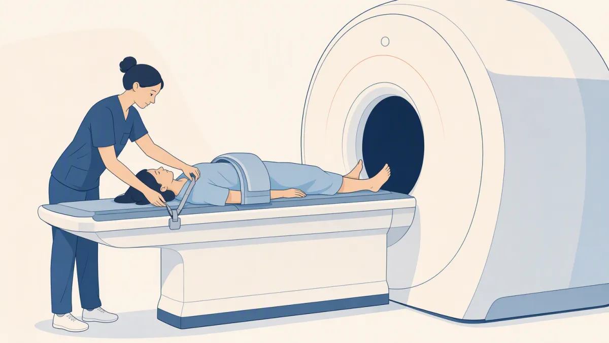 A technologist reaching across the MRI table to strap a flexible body coil across a patient's hips.