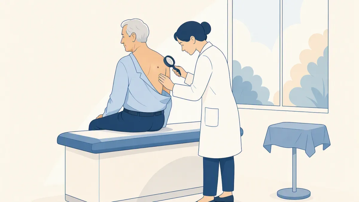 A dermatologist examining a small mark on a patient's shoulder through a hand-held lens.