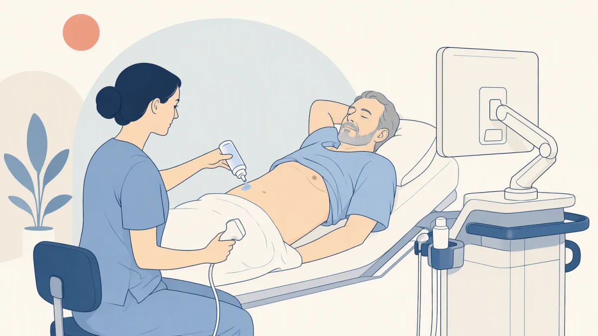 A sonographer squeezing gel onto a patient's upper abdomen before an abdominal ultrasound, the curved-face probe still in the other hand.